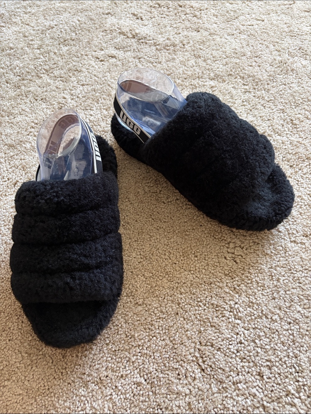 UGG Black Sherpa Open Toe Signature Elastic Slingback Strap Slide Slipper size 8